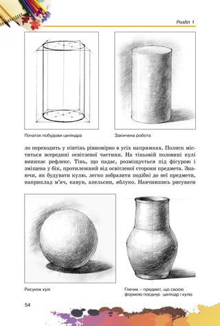 54
Розділ 1
ëî ïåðåõîäèòü ó ïіâòіíü ðіâíîìіðíî â óñіõ íàïðÿìêàõ. Ïîëèñê ìіñ-
òèòüñÿ âñåðåäèíі îñâіòëåíîї ÷àñòèíè. Íà òіíüîâіé ïîëîâèíі êóëі
âèíèêàє ðåôëåêñ. Òіíü, ùî ïàäàє, ðîçìіùóєòüñÿ ïіä ôіãóðîþ і
çìіùåíà ó áіê, ïðîòèëåæíèé âіä îñâіòëåíîї ñòîðîíè ïðåäìåòà. Çíà-
þ÷è, ÿê áóäóâàòè êóëþ, ëåãêî çîáðàçèòè ïîäіáíі äî íåї ïðåäìåòè,
íàïðèêëàä ì’ÿ÷, êàâóí, àïåëüñèí, ÿáëóêî. Íàâ÷èâøèñü ðèñóâàòè
Ïî÷àòîê ïîáóäîâè öèë³íäðà Çàê³í÷åíà ðîáîòà
Ãëå÷èê – ïðåäìåò, ùî ñâîºþ
ôîðìîþ ïîºäíóº öèë³íäð ³ êóëþ
Ðèñóíîê êóë³
 