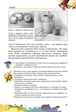 55
ГРАФІКА
ïðîñòі ãåîìåòðè÷íі òіëà: êóá, öèëіíäð, êóëþ, – ìè ìîæåìî ïåðå-
õîäèòè äî âèêîíàííÿ ñêëàäíіøèõ çàâäàíü.
Ôðàíöóçüêèé õóäîæíèê Ïîëü Ñåçàíí ñòâåðäæóâàâ: «Óñі ïðåä-
ìåòè íàâêîëî íàñ âïèñóþòüñÿ â òі ÷è іíøі ïðîñòі ãåîìåòðè÷íі
òіëà». Òîìó, ïî÷èíàþ÷è ïîáóäîâó áóäü-ÿêîãî ïðåäìåòà, òðåáà
óâàæíî ïðèäèâèòèñÿ, äî ÿêîї ãåîìåòðè÷íîї ôіãóðè âіí ïîäіáíèé.
Öå äîïîìîæå âèçíà÷èòè éîãî êîíñòðóêöіþ.
1. ×èì ïîä³áíà ³ ÷èì â³äð³çíÿºòüñÿ çì³íà òîíó íà öèë³íäðè÷íèõ ïðåäìåòàõ ³
ïðåäìåòàõ, ïîä³áíèõ äî êóë³?
2. Ðîçêàæ³òü, íà ÿê³ ïðîñò³ ãåîìåòðè÷í³ ô³ãóðè ìîæíà ðîçêëàñòè ãëå÷èê.
Íàìàëþéòå êóëþ, ³íøèé ïðåäìåò êóëåïîä³áíî¿ ôîðìè (íàïðèêëàä, ÿáëóêî)
àáî öèë³íäð, ñêëåºíèé ç ïàïåðó, îñâ³òèâøè éîãî øòó÷íèì ñâ³òëîì.
²íñòðóìåíòè òà ìàòåð³àëè: àðêóø ïàïåðó, ãðàô³òíèé îë³âåöü, ãóìêà.
Ïëàí ðîáîòè:
• Íà àðêóø³ ïàïåðó ñêîìïîíóéòå çîáðàæåííÿ.
• Ïîð³âíÿéòå ïðîïîðö³¿ ð³çíèõ ÷àñòèí çîáðàæåííÿ êîæíî¿ îêðåìî: äîâæè-
íó äî âèñîòè òà øèðèíè.
• Âèïðàâòå ïîìèëêè ó ïîáóäîâ³.
• Âèÿâ³òü, ÿêà ïîâåðõíÿ îñâ³òëåíà íàéÿñêðàâ³øå ³ ÿê âèãëÿäàº òëî ïîðó÷.
• Ïðèäèâ³òüñÿ, äå íàéòåìí³øà ò³íü ³ ÷è íå çì³íèëîñÿ ñïðèéíÿòòÿ òëà ïîðó÷
³ç ò³ííþ.
• Ïîñïîñòåð³ãàéòå, ÿê³ ð³çí³ ï³âòîíîâ³ ñï³ââ³äíîøåííÿ íà ïîâåðõíÿõ, ïî-
ð³çíîìó íàõèëåíèõ äî âèòîêó ñâ³òëà.
• Â³äòâîð³òü ð³çíèöþ òîíó íà ïðåäìåò³. Äå ñòâîðþºòüñÿ á³ëüøèé êîíòðàñò?
ßáëóêà – ïðåäìåòè, ïîä³áí³ äî êóë³
Ãëå÷èê ç êðóæêîþ. Îòâ³ð â îáîõ
ïðåäìåò³â çîáðàæóºòüñÿ ÿê åë³ïñ.
Ñâ³òëî ïàäàº ç ë³âîãî áîêó. Âëàñíà
ò³íü ³ ò³íü, ùî ïàäàº, ðîçòàøîâàí³
ïðàâîðó÷.
 