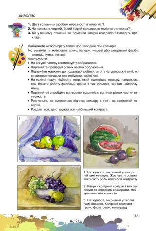 85
ЖИВОПИС
1. Ùî º ãîëîâíèì çàñîáîì âèðàçíîñò³ â æèâîïèñ³?
2. ×è íàëåæàòü ÷îðíèé, á³ëèé ³ ñ³ðèé êîëüîðè äî êîë³ðíîãî ñïåêòðà?
3. Äå ó âàøîìó îòî÷åíí³ âè ïîì³òèëè êîë³ðí³ êîíòðàñòè? Íàâåä³òü ïðè-
êëàäè.
Íàìàëþéòå íàòþðìîðò ó òåïë³é àáî õîëîäí³é ãàì³ êîëüîð³â.
²íñòðóìåíòè òà ìàòåð³àëè: àðêóø ïàïåðó, ãóàøåâ³ àáî àêâàðåëüí³ ôàðáè,
îë³âåöü, ãóìêà, ïåíçë³.
Ïëàí ðîáîòè:
• Íà àðêóø³ ïàïåðó ñêîìïîíóéòå çîáðàæåííÿ.
• Ïîð³âíÿéòå ïðîïîðö³¿ ð³çíèõ ÷àñòèí çîáðàæåííÿ.
• Ï³äãîòóéòå ìàëþíîê äî ïîäàëüøî¿ ðîáîòè: ç³òð³òü óñ³ äîïîì³æí³ ë³í³¿, ÿê³
âè âèêîðèñòîâóâàëè äëÿ ïîáóäîâè, çàéâ³ ë³í³¿.
• Íà ïàë³òð³ ïîðó÷ ï³äáåð³òü êîë³ð, ÿêèé â³äïîâ³äàº êîëüîðó, íàïðèêëàä,
òëà. Ïî÷àòè ðîáîòó ôàðáàìè êðàùå ç òèõ êîëüîð³â, ÿê³ âàì íàéçðîçó-
ì³ë³ø³.
• Ïîð³âíÿéòå ³ ñïðîáóéòå â³äòâîðèòè â³äì³íí³ñòü â³äò³íê³â ð³çíèõ ÷àñòèí íà-
òþðìîðòó.
• Ðîçãëÿíüòå, ÿê çì³íþºòüñÿ â³äò³íîê êîëüîðó â ò³í³ ³ íà îñâ³òëåí³é ïî-
âåðõí³.
• Ðîçäèâ³òüñÿ, äå ñòâîðþºòüñÿ íàéá³ëüøèé êîíòðàñò.
1. Íàòþðìîðò, âèêîíàíèé ó õîëîä-
í³é ãàì³ êîëüîð³â. Æîâòóâàò³ ãîð³øêè
âèêîíóþòü ðîëü êîë³ðíîãî êîíòðàñòó
2. Êàâóí – êîë³ðíèé êîíòðàñò ì³æ çå-
ëåíèì òà ÷åðâîíèì êîëüîðàìè. Íåé-
òðàëüíà ãàìà êîëüîð³â
3. Íàòþðìîðò, âèêîíàíèé ó òåïë³é
ãàì³ êîëüîð³â. Êîë³ðíèé êîíòðàñò –
ãðîíî ô³îëåòîâîãî âèíîãðàäó
1 2
3
 