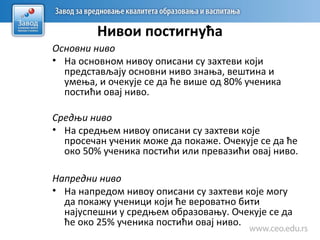 Нивои постигнућа
Основни ниво
• На основном нивоу описани су захтеви који
представљају основни ниво знања, вештина и
умења, и очекује се да ће више од 80% ученика
постићи овај ниво.
Средњи ниво
• На средњем нивоу описани су захтеви које
просечан ученик може да покаже. Очекује се да ће
око 50% ученика постићи или превазићи овај ниво.
Напредни ниво
• На напредом нивоу описани су захтеви које могу
да покажу ученици који ће вероватно бити
најуспешни у средњем образовању. Очекује се да
ће око 25% ученика постићи овај ниво.
 