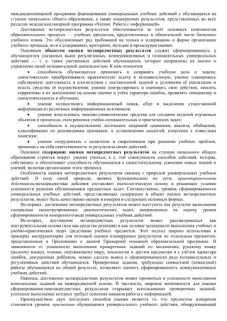 междисциплинарной программы формирования универсальных учебных действий у обучающихся на
ступени начального общего образования, а также планируемых результатов, представленных во всех
разделах междисциплинарной программы «Чтение. Работа с информацией».
     Достижение метапредметных результатов обеспечивается за счѐт основных компонентов
образовательного процесса — учебных предметов, представленных в обязательной части базисного
учебного плана. Это обусловливает ряд требований не только к содержанию и форме организации
учебного процесса, но и к содержанию, критериям, методам и процедурам оценки.
     Основным объектом оценки метапредметных результатов служит сформированность у
обучающегося указанных выше регулятивных, коммуникативных и познавательных универсальных
действий — т. е. таких умственных действий обучающихся, которые направлены на анализ и
управление своей познавательной деятельностью. К ним относятся:
              способность обучающегося принимать и сохранять учебную цель и задачи;
   самостоятельно преобразовывать практическую задачу в познавательную, умение планировать
   собственную деятельность в соответствии с поставленной задачей и условиями еѐ реализации и
   искать средства еѐ осуществления; умение контролировать и оценивать свои действия, вносить
   коррективы в их выполнение на основе оценки и учѐта характера ошибок, проявлять инициативу и
   самостоятельность в обучении;
              умение осуществлять информационный поиск, сбор и выделение существенной
   информации из различных информационных источников;
              умение использовать знаково-символические средства для создания моделей изучаемых
   объектов и процессов, схем решения учебно-познавательных и практических задач;
              способность к осуществлению логических операций сравнения, анализа, обобщения,
   классификации по родовидовым признакам, к установлению аналогий, отнесения к известным
   понятиям;
              умение сотрудничать с педагогом и сверстниками при решении учебных проблем,
   принимать на себя ответственность за результаты своих действий.
     Основное содержание оценки метапредметных результатов на ступени начального общего
образования строится вокруг умения учиться, т. е. той совокупности способов действий, которая,
собственно, и обеспечивает способность обучающихся к самостоятельному усвоению новых знаний и
умений, включая организацию этого процесса.
     Особенности оценки метапредметных результатов связаны с природой универсальных учебных
действий. В силу своей природы, являясь функционально по сути, ориентировочными
действиями,метапредметные действия составляют психологическую основу и решающее условие
успешности решения обучающимися предметных задач. Соответственно, уровень сформированности
универсальных учебных действий, представляющих содержание и объект оценки метапредметных
результатов, может быть качественно оценѐн и измерен в следующих основных формах.
     Во-первых, достижение метапредметных результатов может выступать как результат выполнения
специально сконструированных диагностических задач, направленных на оценку уровня
сформированности конкретного вида универсальных учебных действий.
     Во-вторых,    достижение     метапредметных     результатов   может   рассматриваться   как
инструментальная основа (или как средство решения) и как условие успешности выполнения учебных и
учебно-практических задач средствами учебных предметов. Этот подход широко использован в
примерах инструментария для итоговой оценки планируемых результатов по отдельным предметам,
представленных в Приложении к данной Примерной основной образовательной программе. В
зависимости от успешности выполнения проверочных заданий по математике, русскому языку
(родному языку), чтению, окружающему миру, технологии и другим предметам и с учѐтом характера
ошибок, допущенных ребѐнком, можно сделать вывод о сформированности ряда познавательных и
регулятивных действий обучающихся. Проверочные задания, требующие совместной (командной)
работы обучающихся на общий результат, позволяют оценить сформированность коммуникативных
учебных действий.
     Наконец, достижение метапредметных результатов может проявиться в успешности выполнения
комплексных заданий на межпредметной основе. В частности, широкие возможности для оценки
сформированностиметапредметных результатов открывает использование проверочных заданий,
успешное выполнение которых требует освоения навыков работы с информацией.
     Преимуществом двух последних способов оценки является то, что предметом измерения
становится уровень присвоения обучающимся универсального учебного действия, обнаруживающий
 