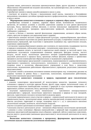 трудовые акции, деятельность школьных производственных фирм, других трудовых и творческих
   общественных объединений как младших школьников, так и разновозрастных, как в учебное, так и в
   каникулярное время);
   • приобретают умения и навыки самообслуживания в школе и дома;
   • участвуют во встречах и беседах с выпускниками своей школы, знакомятся с биографиями
   выпускников, показавших достойные примеры высокого профессионализма, творческого отношения
   к труду и жизни.
       Формирование ценностного отношения к здоровью и здоровому образу жизни:
   • приобретение познаний о здоровье, здоровом образе жизни, возможностях человеческого
   организма, об основных условиях и способах укрепления здоровья (в ходе уроков физической
   культуры, бесед, просмотра учебных фильмов, в системе внеклассных мероприятий, включая
   встречи со спортсменами, тренерами, представителями профессий, предъявляющих высокие
   требования к здоровью);
   • участие в беседах о значении занятий физическими упражнениями, активного образа жизни,
   спорта, прогулок на природе для укрепления своего здоровья;
   • практическое освоение методов и форм физической культуры, здоровьесбережения, простейших
   элементов спортивной подготовки (на уроках физической культуры, в спортивных секциях школы и
   внешкольных учреждений, при подготовке и проведении подвижных игр, туристических походов,
   спортивных соревнований);
   • составление здоровьесберегающего режима дня и контроль его выполнения, поддержание чистоты
   и порядка в помещениях, соблюдение санитарно - гигиенических норм труда и отдыха;
   • получение навыков следить за чистотой и опрятностью своей одежды, за чистотой своего тела,
   рационально пользоваться оздоровляющим влиянием природных факторов (солнца, чистого
   воздуха, чистой воды), экологически грамотного питания (здоровьесберегающими формами
   досуговой деятельности в процессе бесед, просмотра учебных фильмов, игровых и тренинговых
   программ в системе взаимодействия образовательных и медицинских учреждений);
   • получение элементарных представлений о взаимосвязи, взаимозависимости здоровья физического,
   нравственного (душевного), психологического, психического и социально - психологического
   (здоровья семьи и коллектива образовательного учреждения) в ходе бесед с педагогами,
   психологами, медицинскими работниками образовательного учреждения, родителями (законными
   представителями);
   • получение знаний о возможном негативном влиянии компьютерных игр, телевидения, рекламы на
   здоровье человека (в рамках бесед с педагогами, психологами, медицинскими работниками,
   родителями (законными представительями).
       Воспитание ценностного отношения к природе, окружающей среде (экологическое
воспитание):
   • усвоение элементарных представлений об экокультурных ценностях, традициях этического
   отношения к природе в культуре народов России, других стран, нормах экологической этики, об
   экологически грамотном взаимодействии человека с природой (в ходе изучения инвариантных и
   вариативных учебных дисциплин, бесед, просмотра учебных фильмов);
   • получение первоначального опыта эмоционально -              чувственного непосредственного
   взаимодействия с природой, экологически грамотного поведения в природе (в ходе экскурсий,
   прогулок, туристических походов и путешествий по родному краю);
   • получение первоначального опыта участия в природо - охранительной деятельности (в школе и на
   пришкольном участке, экологические акции, десанты, высадка растений, создание цветочных клумб,
   очистка доступных территорий от мусора, подкормка птиц и т. д.), в деятельности школьных
   экологических центров, лесничеств, экологических патрулей;
   участие в создании и реализации коллективных природо - охранных проектов;
   • посильное участие в деятельности детско – юношеских общественных экологических организаций;
   • усвоение в семье позитивных образцов взаимодействия с природой (при поддержке родителей
   (законных представителей) расширение опыта общения с природой, заботы о животных и растениях,
   участие вместе с родителями (законными представителями) в экологической деятельности по месту
   жительства).
       Воспитание ценностного отношения к прекрасному, формирование представлений об
эстетических идеалах и ценностях (эстетическое воспитание):
 
