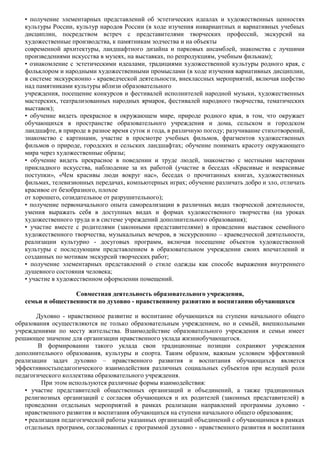 • получение элементарных представлений об эстетических идеалах и художественных ценностях
   культуры России, культур народов России (в ходе изучения инвариантных и вариативных учебных
   дисциплин, посредством встреч с представителями творческих профессий, экскурсий на
   художественные производства, к памятникам зодчества и на объекты
   современной архитектуры, ландшафтного дизайна и парковых ансамблей, знакомства с лучшими
   произведениями искусства в музеях, на выставках, по репродукциям, учебным фильмам);
   • ознакомление с эстетическими идеалами, традициями художественной культуры родного края, с
   фольклором и народными художественными промыслами (в ходе изучения вариативных дисциплин,
   в системе экскурсионно - краеведческой деятельности, внеклассных мероприятий, включая шефство
   над памятниками культуры вблизи образовательного
   учреждения, посещение конкурсов и фестивалей исполнителей народной музыки, художественных
   мастерских, театрализованных народных ярмарок, фестивалей народного творчества, тематических
   выставок);
   • обучение видеть прекрасное в окружающем мире, природе родного края, в том, что окружает
   обучающихся в пространстве образовательного учреждения и дома, сельском и городском
   ландшафте, в природе в разное время суток и года, в различную погоду; разучивание стихотворений,
   знакомство с картинами, участие в просмотре учебных фильмов, фрагментов художественных
   фильмов о природе, городских и сельских ландшафтах; обучение понимать красоту окружающего
   мира через художественные образы;
   • обучение видеть прекрасное в поведении и труде людей, знакомство с местными мастерами
   прикладного искусства, наблюдение за их работой (участие в беседах «Красивые и некрасивые
   поступки», «Чем красивы люди вокруг нас», беседах о прочитанных книгах, художественных
   фильмах, телевизионных передачах, компьютерных играх; обучение различать добро и зло, отличать
   красивое от безобразного, плохое
   от хорошего, созидательное от разрушительного);
   • получение первоначального опыта самореализации в различных видах творческой деятельности,
   умения выражать себя в доступных видах и формах художественного творчества (на уроках
   художественного труда и в системе учреждений дополнительного образования);
   • участие вместе с родителями (законными представителями) в проведении выставок семейного
   художественного творчества, музыкальных вечеров, в экскурсионно – краеведческой деятельности,
   реализации культурно - досуговых программ, включая посещение объектов художественной
   культуры с последующим представлением в образовательном учреждении своих впечатлений и
   созданных по мотивам экскурсий творческих работ;
   • получение элементарных представлений о стиле одежды как способе выражения внутреннего
   душевного состояния человека;
   • участие в художественном оформлении помещений.

                   Совместная деятельность образовательного учреждения,
   семьи и общественности по духовно - нравственному развитию и воспитанию обучающихся

       Духовно - нравственное развитие и воспитание обучающихся на ступени начального общего
образования осуществляются не только образовательным учреждением, но и семьѐй, внешкольными
учреждениями по месту жительства. Взаимодействие образовательного учреждения и семьи имеет
решающее значение для организации нравственного уклада жизниобучающегося.
        В формировании такого уклада свои традиционные позиции сохраняют учреждения
дополнительного образования, культуры и спорта. Таким образом, важным условием эффективной
реализации задач духовно – нравственного развития и воспитания обучающихся является
эффективностьпедагогического взаимодействия различных социальных субъектов при ведущей роли
педагогического коллектива образовательного учреждения.
         При этом используются различные формы взаимодействия:
   • участие представителей общественных организаций и объединений, а также традиционных
   религиозных организаций с согласия обучающихся и их родителей (законных представителей) в
   проведении отдельных мероприятий в рамках реализации направлений программы духовно -
   нравственного развития и воспитания обучающихся на ступени начального общего образования;
   • реализация педагогической работы указанных организаций объединений с обучающимися в рамках
   отдельных программ, согласованных с программой духовно - нравственного развития и воспитания
 