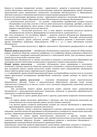 Каждое из основных направлений духовно – нравственного развития и воспитания обучающихся
должно обеспечивать присвоение ими соответствующих ценностей, формирование знаний, начальных
представлений, опыта эмоционально -ценностного постижения действительности и общественного
действия в контексте становления идентичности (самосознания) гражданина России.
В результате реализации программы духовно - нравственного развития и воспитания обучающихся на
ступени начального общего образования должно обеспечиваться достижение обучающимися:
       • воспитательных результатов — тех духовно - нравственных приобретений, которые получил
       обучающийся вследствие участия в той или иной деятельности (например, приобрѐл, участвуя в
       каком -либо мероприятии, некое знание о себе и окружающих, опыт самостоятельного действия,
       пережил и прочувствовал нечто как ценность);
       • эффекта — последствия результата, того, к чему привело достижение результата (развитие
       обучающегося как личности, формирование его компетентности, идентичности и т. д.).
При этом учитывается, что достижение эффекта — развитие личности обучающегося, формирование
его социальной компетентности и т. д. — становится возможным благодаря воспитательной
деятельности педагога, других субъектов духовно - нравственного развития и воспитания (семьи,
друзей, ближайшего окружения, общественности, СМИ и т. п.), а также собственным усилиям
обучающегося.
           Воспитательные результаты и эффекты деятельности обучающихся распределяются по трѐм
уровням.
Первый уровень результатов — приобретение обучающимися социальных знаний (об общественных
нормах, устройстве общества, социально одобряемых и не одобряемых формах поведения в обществе и
т. п.), первичного понимания социальной реальности и повседневной жизни. Для достижения данного
уровня результатов особое значение имеет
взаимодействие обучающегося со своими учителями (в основном и дополнительном образовании) как
значимыми для него носителями положительного социального знания и повседневного опыта.
Второй уровень результатов — получение обучающимся опыта переживания и позитивного
отношения к базовым ценностям общества, ценностного отношения к социальной реальности в целом.
Для достижения данного уровня результатов особое значение имеет взаимодействие обучающихся
между собой на уровне класса, образовательного учреждения,
т. е. в защищѐнной, дружественной просоциальной среде, в которой ребѐнок получает (или не получает)
первое практическое подтверждение приобретѐнных социальных знаний, начинает их ценить (или
отвергает).
          Третий уровень результатов — получение обучающимся опыта самостоятельного
общественного действия. Только в самостоятельном общественном действии юный человек
действительно становится (а не просто узнаѐт о том, какстать) гражданином, социальным деятелем,
свободным человеком.
          Для достижения данного уровня результатов особое значение имеет взаимодействие
обучающегося с представителями различных социальных субъектов за пределами образовательного
учреждения, в открытой общественной среде.
          С переходом от одного уровня результатов к другому существенно возрастают воспитательные
эффекты:
       • на первом уровне воспитание приближено к обучению, при этом предметом воспитания как
       учения являются не столько научные знания, сколько знания о ценностях;
       • на третьем уровне создаются необходимые условия для участия обучающихся в нравственно
       ориентированной социально значимой деятельности.
          Таким образом, знания о ценностях переводятся в реально действующие, осознанные мотивы
поведения, значения ценностей присваиваются обучающимися и становятся их личностными смыслами,
духовно - нравственное развитие обучающихся достигает относительной полноты.
          Переход от одного уровня воспитательных результатов к другому должен быть
последовательным, постепенным. Достижение трѐх уровней воспитательных результатов обеспечивает
появление значимых эффектов духовно - нравственного развития и воспитания обучающихся —
формирование основ российской идентичности, присвоение базовых
национальных ценностей, развитие нравственного самосознания, укрепление духовного и социально –
психологического здоровья, позитивного отношения к жизни, доверия к людям и обществу и т. д.
 