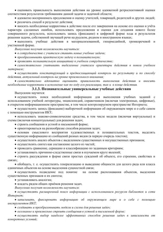 оценивать правильность выполнения действия на уровне адекватной ретроспективной оценки
соответствия результатов требованиям данной задачи и задачной области;
      адекватно воспринимать предложения и оценку учителей, товарищей, родителей и других людей;
      различать способ и результат действия;
      вносить необходимые коррективы в действие после его завершения на основе его оценки и учѐта
характера сделанных ошибок, использовать предложения и оценки для создания нового более
совершенного результата, использовать запись (фиксацию) в цифровой форме хода и результатов
решения задачи, собственной звучащей речи на русском, родном и иностранном языках;
      выполнять учебные действия в материализованной, гипермедийной, громкоречевой и
умственной форме.
     Выпускник получит возможность научиться:
      в сотрудничестве с учителем ставить новые учебные задачи;
      преобразовывать практическую задачу в познавательную;
      проявлять познавательную инициативу в учебном сотрудничестве;
      самостоятельно учитывать выделенные учителем ориентиры действия в новом учебном
материале;
      осуществлять констатирующий и предвосхищающий контроль по результату и по способу
действия, актуальный контроль на уровне произвольного внимания;
      самостоятельно адекватно оценивать правильность выполнения действия и вносить
необходимые коррективы в исполнение как по ходу его реализации, так и в конце действия.
               3.1.3. Познавательные универсальные учебные действия
     Выпускник научится:
       осуществлять поиск необходимой информации для выполнения учебных заданий с
использованием учебной литературы, энциклопедий, справочников (включая электронные, цифровые),
в открытом информационном пространстве, в том числе контролируемом пространстве Интернета;
       осуществлять запись (фиксацию) выборочной информации об окружающем мире и о себе самом
с помощью инструментов ИКТ;
       использовать знаково-символические средства, в том числе модели (включая виртуальные) и
схемы (включая концептуальные) для решения задач;
       строить сообщения в устной и письменной форме;
       ориентироваться на разнообразие способов решения задач;
       основам смыслового восприятия художественных и познавательных текстов, выделять
существенную информацию из сообщений разных видов (в первую очередь текстов);
       осуществлять анализ объектов с выделением существенных и несущественных признаков;
       осуществлять синтез как составление целого из частей;
       проводить сравнение, сериацию и классификацию по заданным критериям;
       устанавливать причинно-следственные связи в изучаемом круге явлений;
       строить рассуждения в форме связи простых суждений об объекте, его строении, свойствах и
связях;
       обобщать, т. е. осуществлять генерализацию и выведение общности для целого ряда или класса
единичных объектов на основе выделения сущностной связи;
       осуществлять подведение под понятие         на основе распознавания объектов, выделения
существенных признаков и их синтеза;
       устанавливать аналогии;
       владеть рядом общих приѐмов решения задач.
     Выпускник получит возможность научиться:
       осуществлять расширенный поиск информации с использованием ресурсов библиотек и сети
Интернет;
       записывать, фиксировать информацию об окружающем мире и о себе с помощью
инструментов ИКТ;
       создавать и преобразовывать модели и схемы для решения задач;
       осознанно и произвольно строить сообщения в устной и письменной форме;
       осуществлять выбор наиболее эффективных способов решения задач в зависимости от
конкретных условий;
 
