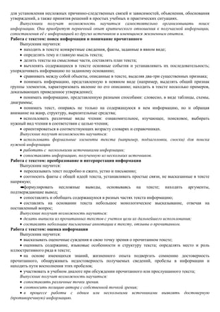 для установления несложных причинно-следственных связей и зависимостей, объяснения, обоснования
утверждений, а также принятия решений в простых учебных и практических ситуациях.
     Выпускники получат возможность научиться самостоятельно организовывать поиск
информации. Они приобретут первичный опыт критического отношения к получаемой информации,
сопоставления еѐ с информацией из других источников и имеющимся жизненным опытом.
Работа с текстом: поиск информации и понимание прочитанного
     Выпускник научится:
       находить в тексте конкретные сведения, факты, заданные в явном виде;
       определять тему и главную мысль текста;
       делить тексты на смысловые части, составлять план текста;
       вычленять содержащиеся в тексте основные события и устанавливать их последовательность;
упорядочивать информацию по заданному основанию;
       сравнивать между собой объекты, описанные в тексте, выделяя два-три существенных признака;
       понимать информацию, представленную в неявном виде (например, выделять общий признак
группы элементов, характеризовать явление по его описанию; находить в тексте несколько примеров,
доказывающих приведенное утверждение);
       понимать информацию, представленную разными способами: словесно, в виде таблицы, схемы,
диаграммы;
       понимать текст, опираясь не только на содержащуюся в нем информацию, но и обращая
внимание на жанр, структуру, выразительные средства;
       использовать различные виды чтения: ознакомительное, изучающее, поисковое, выбирать
нужный вид чтения в соответствии с целью чтения;
       ориентироваться в соответствующих возрасту словарях и справочниках.
     Выпускник получит возможность научиться:
       использовать формальные элементы текста (например, подзаголовки, сноски) для поиска
нужной информации
       работать с несколькими источниками информации;
       сопоставлять информацию, полученную из нескольких источников.
Работа с текстом: преобразование и интерпретация информации
     Выпускник научится:
       пересказывать текст подробно и сжато, устно и письменно;
       соотносить факты с общей идеей текста, устанавливать простые связи, не высказанные в тексте
напрямую;
       формулировать несложные выводы, основываясь на тексте; находить аргументы,
подтверждающие вывод;
       сопоставлять и обобщать содержащуюся в разных частях текста информацию;
       составлять на основании текста небольшое монологическое высказывание, отвечая на
поставленный вопрос;
     Выпускник получит возможность научиться:
       делать выписки из прочитанных текстов с учетом цели их дальнейшего использования;
       составлять небольшие письменные аннотации к тексту, отзывы о прочитанном.
Работа с текстом: оценка информации
     Выпускник научится:
       высказывать оценочные суждения и свою точку зрения о прочитанном тексте;
       оценивать содержание, языковые особенности и структуру текста; определять место и роль
иллюстративного ряда в тексте;
       на основе имеющихся знаний, жизненного опыта подвергать сомнению достоверность
прочитанного, обнаруживать недостоверность получаемых сведений, пробелы в информации и
находить пути восполнения этих пробелов;
       участвовать в учебном диалоге при обсуждении прочитанного или прослушанного текста;
     Выпускник получит возможность научиться:
       сопоставлять различные точки зрения.
       соотносить позицию автора с собственной точкой зрения;
       в процессе работы с одним или несколькими источниками выявлять достоверную
(противоречивую) информацию.
 