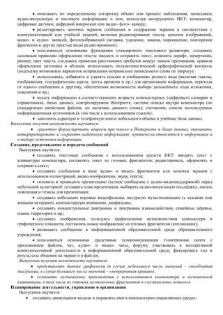 описывать по определенному алгоритму объект или процесс наблюдения, записывать
   аудио-визуальную и числовую информацию о нем, используя инструменты ИКТ: компьютер,
   цифровые датчики, цифровой микроскоп или видео- фото- камеру;
             редактировать цепочки экранов сообщения и содержание экранов в соответствии с
   коммуникативной или учебной задачей, включая редактирование текста, цепочек изображений,
   видео- и аудио- записей, фотоизображений (вставка, удаление, замена, перенесение, повторение
   фрагмента и другие простые виды редактирования);
             пользоваться основными функциями стандартного текстового редактора, следовать
   основным правилам оформления текста: вводить и сохранять текст, изменять шрифт, начертание,
   размер, цвет текста, следовать правилам расстановки пробелов вокруг знаков препинания, правила
   оформления заголовка и абзацев; использовать полуавтоматический орфографический контроль
   (подсказку возможных вариантов исправления неправильно написанного слова по запросу);
             использовать, добавлять и удалять ссылки в сообщениях разного вида (включая тексты,
   изображения, географические карты, ленты времени и пр.) для организации информации, перехода
   от одного сообщения к другому, обеспечения возможности выбора дальнейшего хода изложения,
   пояснения и пр.;
             искать информацию в соответствующих возрасту компьютерных (цифровых) словарях и
   справочниках, базах данных, контролируемом Интернете, системе поиска внутри компьютера (по
   стандартным свойствам файлов, по наличию данного слова); составлять список используемых
   информационных источников (в том числе с использованием ссылок);
             заполнять адресную и телефонную книги небольшого объема и учебные базы данных.
Выпускник получит возможность научиться:
             грамотно формулировать запросы при поиске в Интернете и базах данных, оценивать,
   интерпретировать и сохранять найденную информацию; критически относиться к информации и
   к выбору источника информации.
Создание, представление и передача сообщений
    Выпускник научится:
             создавать текстовые сообщения с использованием средств ИКТ: вводить текст с
   клавиатуры компьютера, составлять текст из готовых фрагментов; редактировать, оформлять и
   сохранять текст;
             создавать сообщения в виде аудио- и видео- фрагментов или цепочки экранов с
   использованием иллюстраций, видео-изображения, звука, текста;
             готовить и проводить презентацию (устное сообщение с аудио-видеоподдержкой) перед
   небольшой аудиторией: создавать план презентации, выбирать аудио-визуальную поддержку, писать
   пояснения и тезисы для презентации;
             создавать небольшие игровые видеофильмы, натурную мультипликацию (с куклами или
   живыми актерами), компьютерную анимацию, диафильмы;
             создавать концептуальные диаграммы и диаграммы взаимодействия, семейные деревья,
   планы территории и пр.;
             создавать изображения, пользуясь графическими возможностями компьютера и
   графического планшета; составлять новое изображение из готовых фрагментов (аппликация);
             размещать сообщение в информационной образовательной среде образовательного
   учреждения;
             пользоваться основными средствами телекоммуникации (электронная почта с
   приложением файлов, чат, аудио- и видео- чаты, форум); участвовать в коллективной
   коммуникативной деятельности в информационной образовательной среде, фиксировать ход и
   результаты общения на экране и в файлах;
    Выпускник получит возможность научиться:
             представлять данные графически (в случае небольшого числа значений – столбчатая
   диаграмма, в случае большого числа значений – «непрерывная кривая»);
             создавать музыкальные произведения с использованием компьютера и музыкальной
   клавиатуры, в том числе из готовых музыкальных фрагментов и «музыкальных петель»).
Планирование деятельности, управление и организация
    Выпускник научится:
           создавать движущиеся модели и управлять ими в компьютерно-управляемых средах;
 