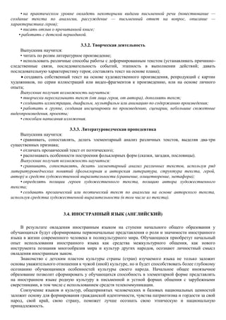 • на практическом уровне овладеть некоторыми видами письменной речи (повествование —
создание текста по аналогии, рассуждение — письменный ответ на вопрос, описание —
характеристика героя);
     • писать отзыв о прочитанной книге;
    • работать с детской периодикой.

                                  3.3.2. Творческая деятельность
     Выпускник научится:
     • читать по ролям литературное произведение;
     • использовать различные способы работы с деформированным текстом (устанавливать причинно-
следственные связи, последовательность событий, этапность в выполнении действий; давать
последовательную характеристику героя; составлять текст на основе плана);
        создавать собственный текст на основе художественного произведения, репродукций с картин
художников, по серии иллюстраций или видео-фрагментов к произведению, или на основе личного
опыта;
     Выпускник получит возможность научиться:
     • творчески пересказывать текст (от лица героя, от автора), дополнять текст;
     • создавать иллюстрации, диафильм, мультфильм или анимацию по содержанию произведения;
     • работать в группе, создавая инсценировки по произведению, сценарии, небольшие сюжетные
видеопроизведения, проекты;
     • способам написания изложения.

                            3.3.3. Литературоведческая пропедевтика
    Выпускник научится:
    • сравнивать, сопоставлять, делать элементарный анализ различных текстов, выделяя два-три
существенных признака;
    • отличать прозаический текст от поэтического;
    • распознавать особенности построения фольклорных форм (сказки, загадки, пословицы).
    Выпускник получит возможность научиться:
    • сравнивать, сопоставлять, делать элементарный анализ различных текстов, используя ряд
литературоведческих понятий (фольклорная и авторская литература, структура текста, герой,
автор) и средств художественной выразительности (сравнение, олицетворение, метафора);
    • определять позиции героев художественного текста, позицию автора художественного
текста;
    • создавать прозаический или поэтический текст по аналогии на основе авторского текста,
используя средства художественной выразительности (в том числе из текста).


                         3.4. ИНОСТРАННЫЙ ЯЗЫК (АНГЛИЙСКИЙ)

     В результате овладения иностранным языком на ступени начального общего образования у
обучающихся будут сформированы первоначальные представления о роли и значимости иностранного
языка в жизни современного человека и поликультурного мира. Обучающиеся приобретут начальный
опыт использования иностранного языка как средства межкультурного общения, как нового
инструмента познания многообразия мира и культур других народов, осознают личностный смысл
овладения иностранным зыком.
     Знакомство с детским пластом культуры страны (стран) изучаемого языка не только заложит
основы уважительного отношения к чужой (иной) культуре, но и будет способствовать более глубокому
осознанию обучающимися особенностей культуры своего народа. Начальное общее иноязычное
образование позволит сформировать у обучающихся способность в элементарной форме представлять
на иностранном языке родную культуру в письменной и устной формах общения с зарубежными
сверстниками, в том числе с использованием средств телекоммуникации.
     Соизучение языков и культур, общепринятых человеческих и базовых национальных ценностей
заложит основу для формирования гражданской идентичности, чувства патриотизма и гордости за свой
народ, свой край, свою страну, поможет лучше осознать свою этническую и национальную
принадлежность.
 