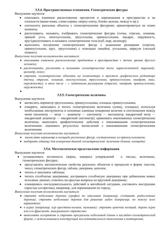 3.5.4. Пространственные отношения. Геометрические фигуры
Выпускник научится:
      описывать взаимное расположение предметов и перемещения в пространстве и на
      плоскости (выше-ниже, слева-справа, сверху-снизу, ближе-дальше, между и пр.);
      соотносить реальные объекты с геометрическими фигурами; ориентироваться на плане
      комнаты;
      распознавать, называть, изображать геометрические фигуры (точка, отрезок, ломаная,
      прямой угол, многоугольник, треугольник, прямоугольник, квадрат, окружность,
      круг);распознавать и называть геометрические тела (куб, шар, цилиндр);
      выполнять построение геометрических фигур с заданными размерами (отрезок,
      прямоугольник, круг, треугольник) с помощью линейки, угольника, циркуля («козьей
      ножки»);
Выпускник получит возможность научиться:
     описывать взаимное расположение предметов в пространстве с точки зрения другого
     человека;
     распознавать, различать и называть геометрические тела: параллелепипед, пирамиду,
     цилиндр, конус;
     строить геометрические объекты на компьютере в простом графическом редакторе
     (точка, отрезок, ломаная, многоугольник, треугольник, прямоугольник, квадрат, овал,
     окружность); в том числе – с заданными размерами (отрезок, квадрат, прямоугольник,
     окружность).

                           3.5.5. Геометрические величины
Выпускник научится:
      вычислять периметр треугольника, прямоугольника, площадь прямоугольника.
      измерять, записывать и читать геометрические величины (длину, площадь), используя
      необходимые инструменты и основные единицы измерения величин и соотношения между
      ними (километр — метр — дециметр — сантиметр — миллиметр; квадратный метр —
      квадратный дециметр — квадратный сантиметр); сравнивать именованные геометрические
      величины; выполнять арифметические действия с именованными геометрическими
      величинами; оценивать результаты вычислений с именованными геометрическими
      величинами.
Выпускник получит возможность научиться:
      вычислять периметр и площадь различных фигур, составленных из прямоугольников;
     выбирать единицу для измерения данной геометрической величины (длины, площади).

                   3.5.6. Математическое представление информации
Выпускник научится:
    ·устанавливать истинность (верно, неверно) утверждений           о числах, величинах,
    геометрических фигурах;
      представлять математические свойства реальных объектов и процессов в форме текстов,
      чисел, геометрических фигур, таблиц, диаграмм, цепочек;
      читать и заполнять таблицы;
      читать столбчатые диаграммы; достраивать столбчатую диаграмму при добавлении новых
      исходных данных; отвечать на простые вопросы по круговой диаграмме;
      планировать последовательность действий в житейской ситуации, составлять инструкции
      (простые алгоритмы), например, для перемещения по городу.
Выпускник получит возможность научиться:
     строить небольшие деревья (графы) по описанию (например, создавать родословные
     деревья); строить небольшие деревья для решения задач (например, по поиску всех
     вариантов);
     в играх (например, игр крестики-нолики, камешки): строить цепочки позиций, дерево игры
     или его фрагмент, выигрышную стратегию;
     выполнять алгоритмы и строить программы небольшой длины в наглядно-геометрической
     форме, с использованием конструкций последовательного выполнения и повторения;
 