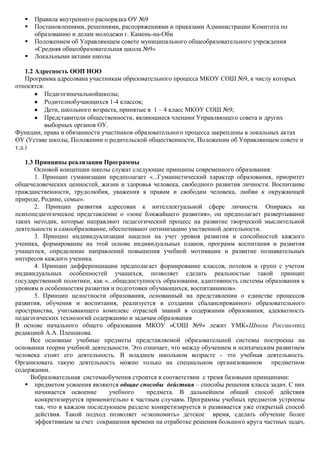    Правила внутреннего распорядка ОУ №9
      Постановлениями, решениями, распоряжениями и приказами Администрации Комитнта по
       образованию и делам молодежи г. Камень-на-Оби
      Положением об Управляющем совете муниципального общеобразовательного учреждения
       «Средняя общеобразовательная школа №9»
      Локальными актами школы

    1.2 Адресность ООП НОО
    Программа адресована участникам образовательного процесса МКОУ СОШ №9, к числу которых
относятся:
           Педагогиначальнойшколы;
           Родителиобучающихся 1-4 классов;
           Дети, школьного возраста, принятые в 1 – 4 класс МКОУ СОШ №9;
           Представители общественности, являющиеся членами Управляющего совета и других
           выборных органов ОУ.
Функции, права и обязанности участников образовательного процесса закреплены в локальных актах
ОУ (Уставе школы, Положении о родительской общественности, Положении об Управляющем совете и
т.д.)

   1.3 Принципы реализации Программы
       Основой концепции школы служат следующие принципы современного образования:
       1. Принцип гуманизации предполагает «...Гуманистический характер образования, приоритет
общечеловеческих ценностей, жизни и здоровья человека, свободного развития личности. Воспитание
гражданственности, трудолюбия, уважения к правам и свободам человека, любви к окружающей
природе, Родине, семье».
       2. Принцип развития адресован к интеллектуальной сфере личности. Опираясь на
психопедагогическое представление о «зоне ближайшего развития», он предполагает развертывание
таких методик, которые направляют педагогический процесс на развитие творческой мыслительной
деятельности и самообразование, обеспечивают оптимизацию умственной деятельности.
       3. Принцип индивидуализации нацелен на учет уровня развития и способностей каждого
ученика, формирование на этой основе индивидуальных планов, программ воспитания и развития
учащегося, определение направлений повышения учебной мотивации и развитие познавательных
интересов каждого ученика.
       4. Принцип дифференциации предполагает формирование классов, потоков и групп с учетом
индивидуальных особенностей учащихся, позволяет сделать реальностью такой принцип
государственной политики, как «...общедоступность образования, адаптивность системы образования к
уровням и особенностям развития и подготовки обучающихся, воспитанников».
       5. Принцип целостности образования, основанный на представлении о единстве процессов
развития, обучения и воспитания, реализуется в создании сбалансированного образовательного
пространства, учитывающего комплекс отраслей знаний в содержании образования; адекватность
педагогических технологий содержанию и задачам образования
В основе начального общего образования МКОУ «СОШ №9» лежит УМК«Школа России»под
редакцией А.А. Плешакова.
     Все основные учебные предметы представляемой образовательной системы построены на
основании теории учебной деятельности. Это означает, что между обучением и психическим развитием
человека стоит его деятельность. В младшем школьном возрасте - это учебная деятельность.
Организовать такую деятельность можно только на специальном организованном предметном
содержании.
     Вобразовательная системаобучения строится в соответствии с тремя базовыми принципами:
    предметом усвоения являются общие способы действия – способы решения класса задач. С них
       начинается освоение      учебного    предмета. В дальнейшем общий способ действия
       конкретизируется применительно к частным случаям. Программы учебных предметов устроены
       так, что в каждом последующем разделе конкретизируется и развивается уже открытый способ
       действия. Такой подход позволяет «сэкономить» детское время, сделать обучение более
       эффективным за счет сокращения времени на отработке решения большого круга частных задач,
 