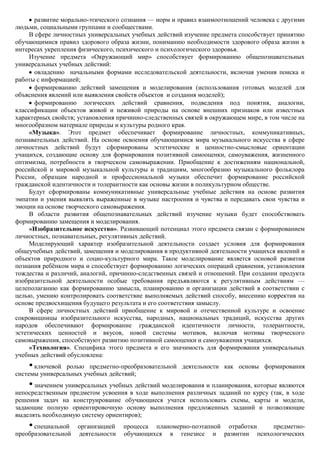 развитие морально-этического сознания — норм и правил взаимоотношений человека с другими
людьми, социальными группами и сообществами.
     В сфере личностных универсальных учебных действий изучение предмета способствует принятию
обучающимися правил здорового образа жизни, пониманию необходимости здорового образа жизни в
интересах укрепления физического, психического и психологического здоровья.
     Изучение предмета «Окружающий мир» способствует формированию общепознавательных
универсальных учебных действий:
       овладению начальными формами исследовательской деятельности, включая умения поиска и
работы с информацией;
       формированию действий замещения и моделирования (использования готовых моделей для
объяснения явлений или выявления свойств объектов и создания моделей);
       формированию логических действий сравнения, подведения под понятия, аналогии,
классификации объектов живой и неживой природы на основе внешних признаков или известных
характерных свойств; установления причинно-следственных связей в окружающем мире, в том числе на
многообразном материале природы и культуры родного края.
     «Музыка». Этот предмет обеспечивает формирование личностных, коммуникативных,
познавательных действий. На основе освоения обучающимися мира музыкального искусства в сфере
личностных действий будут сформированы эстетические и ценностно-смысловые ориентации
учащихся, создающие основу для формирования позитивной самооценки, самоуважения, жизненного
оптимизма, потребности в творческом самовыражении. Приобщение к достижениям национальной,
российской и мировой музыкальной культуры и традициям, многообразию музыкального фольклора
России, образцам народной и профессиональной музыки обеспечит формирование российской
гражданской идентичности и толерантности как основы жизни в поликультурном обществе.
     Будут сформированы коммуникативные универсальные учебные действия на основе развития
эмпатии и умения выявлять выраженные в музыке настроения и чувства и передавать свои чувства и
эмоции на основе творческого самовыражения.
     В области развития общепознавательных действий изучение музыки будет способствовать
формированию замещения и моделирования.
     «Изобразительное искусство». Развивающий потенциал этого предмета связан с формированием
личностных, познавательных, регулятивных действий.
     Моделирующий характер изобразительной деятельности создает условия для формирования
общеучебных действий, замещения и моделирования в продуктивной деятельности учащихся явлений и
объектов природного и социо-культурного мира. Такое моделирование является основой развития
познания ребѐнком мира и способствует формированию логических операций сравнения, установления
тождества и различий, аналогий, причинно-следственных связей и отношений. При создании продукта
изобразительной деятельности особые требования предъявляются к регулятивным действиям —
целеполаганию как формированию замысла, планированию и организации действий в соответствии с
целью, умению контролировать соответствие выполняемых действий способу, внесению корректив на
основе предвосхищения будущего результата и его соответствия замыслу.
     В сфере личностных действий приобщение к мировой и отечественной культуре и освоение
сокровищницы изобразительного искусства, народных, национальных традиций, искусства других
народов обеспечивают формирование гражданской идентичности личности, толерантности,
эстетических ценностей и вкусов, новой системы мотивов, включая мотивы творческого
самовыражения, способствуют развитию позитивной самооценки и самоуважения учащихся.
     «Технология». Специфика этого предмета и его значимость для формирования универсальных
учебных действий обусловлена:
    • ключевой ролью предметно-преобразовательной деятельности как основы формирования
системы универсальных учебных действий;
    • значением универсальных учебных действий моделирования и планирования, которые являются
непосредственным предметом усвоения в ходе выполнения различных заданий по курсу (так, в ходе
решения задач на конструирование обучающиеся учатся использовать схемы, карты и модели,
задающие полную ориентировочную основу выполнения предложенных заданий и позволяющие
выделять необходимую систему ориентиров);
    • специальной    организацией   процесса планомерно-поэтапной отработки предметно-
преобразовательной   деятельности   обучающихся в генезисе и развитии психологических
 