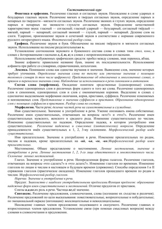 Систематический курс
     Фонетика и орфоэпия. Различение гласных и согласных звуков. Нахождение в слове ударных и
безударных гласных звуков. Различение мягких и твердых согласных звуков, определение парных и
непарных по твердости—мягкости согласных звуков. Различение звонких и глухих звуков, определение
парных и непарных по звонкости—глухости согласных звуков. Определение качественной
характеристики звука: гласный — согласный; гласный ударный — безударный; согласный твѐрдый —
мягкий, парный — непарный; согласный звонкий — глухой, парный — непарный. Деление слов на
слоги. Ударение, произношение звуков и сочетаний звуков в соответствии с нормами современного
русского литературного языка. Фонетический разбор слова.
     Графика. Различение звуков и букв. Обозначение на письме твѐрдости и мягкости согласных
звуков. Использование на письме разделительныхьи ъ.
     Установление соотношения звукового и буквенного состава слова в словах типа стол, конь; в
словах с йотированными гласными е, ѐ, ю, я; в словах с непроизносимыми согласными.
     Использование небуквенных графических средств: пробел между словами, знак переноса, абзац.
     Знание алфавита: правильное название букв, знание их последовательности. Использование
алфавита при работе со словарями, справочниками, каталогами.
     Лексика. Понимание слова как единства звучания и значения. Выявление слов, значение которых
требует уточнения. Определение значения слова по тексту или уточнение значения с помощью
толкового словаря (в том числе цифрового). Представление об однозначных и многозначных словах, о
прямом и переносном значении слова. Наблюдение за использованием в речи синонимов и антонимов.
     Состав слова (морфемика). Овладение понятием «родственные (однокоренные) слова».
Различение однокоренных слов и различных форм одного и того же слова. Различение однокоренных
слов и синонимов, однокоренных слов и слов с омонимичными корнями. Выделение в словах с
однозначно выделяемыми морфемами окончания, корня, приставки, суффикса. Различение изменяемых
и неизменяемых слов. Представление о значении суффиксов и приставок. Образование однокоренных
слов с помощью суффиксов и приставок. Разбор слова по составу.
     Морфология. Части речи; деление частей речи на самостоятельные и служебные.
     Имя существительное. Значение и употребление в речи. Умение опознавать имена собственные.
Различение имен существительных, отвечающих на вопросы «кто?» и «что?». Различение имен
существительных мужского, женского и среднего рода. Изменение существительных по числам.
Изменение существительных по падежам. Определение падежа, в котором употреблено имя
существительное. Различение падежных и смысловых (синтаксических) вопросов. Определение
принадлежности имѐн существительных к 1, 2, 3-му склонению. Морфологический разбор имѐн
существительных.
     Имя прилагательное. Значение и употребление в речи. Изменение прилагательных по родам,
числам и падежам, кроме прилагательных на -ий, -ья, -ов, -ин.Морфологический разбор имен
прилагательных.
     Местоимение. Общее представление о местоимении. Личные местоимения, значение и
употребление в речи. Личные местоимения 1, 2, 3-го лица единственного и множественного числа.
Склонение личных местоимений.
     Глагол. Значение и употребление в речи. Неопределенная форма галагола. Различение глаголов,
отвечающих на вопросы «что сделать?» и «что делать?». Изменение глаголов по временам. Изменение
глаголов по лицам и числам в настоящем и будущем времени (спряжение). Способы определения I и II
спряжения глаголов (практическое овладение). Изменение глаголов прошедшего времени по родам и
числам. Морфологический разбор глаголов.
     Наречие. Значение и употребление в речи.
     Предлог. Знакомство с наиболее употребительными предлогами.Функция предлогов: образование
падежных форм имен существительных и местоимений. Отличие предлогов от приставок.
     Союзы и,а,но,их роль в речи. Частица не,еѐ значение.
     Синтаксис. Различение предложения, словосочетания, слова (осознание их сходства и различия).
Различение предложений по цели высказывания: повествовательные, вопросительные и побудительные;
по эмоциональной окраске (интонации): восклицательные и невосклицательные.
     Нахождение главных членов предложения: подлежащего и сказуемого. Различение главных и
второстепенных членов предложения. Установление связи (при помощи смысловых вопросов) между
словами в словосочетании и предложении.
 