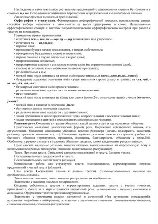 Нахождение и самостоятельное составление предложений с однородными членами без союзов и с
союзами и,а,но. Использование интонации перечисления в предложениях с однородными членами.
      Различение простых и сложных предложений.
      Орфография и пунктуация. Формирование орфографической зоркости, использование разных
способов выбора написания в зависимости от места орфограммы в слове. Использование
орфографического словаря и системы полуавтоматического орфографического контроля при работе с
текстом на компьютере.
      Применение правил правописания:
      • сочетания жи — ши,,ча — ща, чу — щу в положении под ударением;
      • сочетания чк — чн,чт,щн;
      • перенос слов;
      • прописная буква в начале предложения, в именах собственных;
      • проверяемые безударные гласные в корне слова;
      • парные звонкие и глухие согласные в корне слова;
      • непроизносимые согласные;
      • непроверяемые гласные и согласные в корне слова (на ограниченном перечне слов);
      • гласные и согласные в неизменяемых на письме приставках;
      • разделительные ъ и ь;
      • мягкий знак после шипящих на конце имѐн существительных (ночь, нож, рожь, мышь);
      • безударные падежные окончания имѐн существительных (кроме существительных на -мя, -ий, -
ья, -ье, -ия, -ов, -ин);
      • безударные окончания имѐн прилагательных;
      • раздельное написание предлогов с личными местоимениями;
      • не с глаголами;
      • мягкий знак после шипящих на конце глаголов в форме 2-го лица единственного числа (пишешь,
учишь);
      • мягкий знак в глаголах в сочетании -ться;
      • безударные личные окончания глаголов;
      • раздельное написание предлогов с другими словами;
      • знаки препинания в конце предложения: точка, вопросительный и восклицательный знаки;
      • знаки препинания (запятая) в предложениях с однородными членами.
      Развитие речи.Осознание ситуации общения: с какой целью, с кем и где происходит общение.
      Практическое овладение диалогической формой речи. Выражение собственного мнения, его
аргументация. Овладение основными умениями ведения разговора (начать, поддержать, закончить
разговор, привлечь внимание и т. п.). Овладение нормами речевого этикета в ситуациях учебного и
бытового общения (приветствие, прощание, извинение, благодарность, обращение с просьбой.
Особенности речевого этикета в условиях общения с людьми, плохо владеющими русским языком.
      Практическое овладение устными монологическими высказываниями на определенную тему с
использованием разных типов речи (описание, повествование, рассуждение).
      Текст. Признаки текста. Смысловое единство предложений в тексте. Заглавие текста.
      Последовательность предложений в тексте.
      Последовательность частей текста (абзацев).
      Комплексная работа над структурой текста: озаглавливание, корректирование порядка
предложений и частей текста (абзацев).
      План текста. Составление планов к данным текстам. Созданиесобственных текстов по
предложенным планам.
      Типы текстов: описание, повествование, рассуждение, их особенности.
      Знакомство с жанрами письма и поздравления.
      Создание собственных текстов и корректирование заданных текстов с учетом точности,
правильности, богатства и выразительности письменной речи; использование в текстах синонимов и
антонимов. Оформление текстов при клавиатурном письме.
      Знакомство с основными видами изложений и сочинений (без заучивания определений):
изложения подробные и выборочные, изложения с элементами сочинения; сочинения-повествования,
сочинения-описания, сочинения-рассуждения.
 