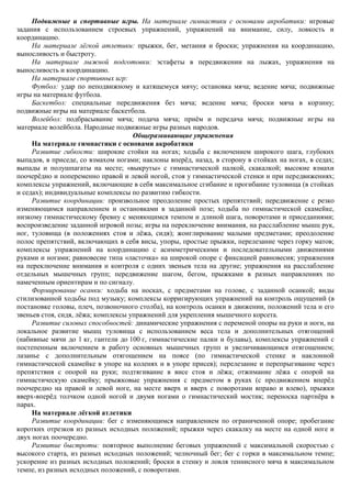 Подвижные и спортивные игры. На материале гимнастики с основами акробатики: игровые
задания с использованием строевых упражнений, упражнений на внимание, силу, ловкость и
координацию.
     На материале лѐгкой атлетики: прыжки, бег, метания и броски; упражнения на координацию,
выносливость и быстроту.
     На материале лыжной подготовки: эстафеты в передвижении на лыжах, упражнения на
выносливость и координацию.
     На материале спортивных игр:
     Футбол: удар по неподвижному и катящемуся мячу; остановка мяча; ведение мяча; подвижные
игры на материале футбола.
     Баскетбол: специальные передвижения без мяча; ведение мяча; броски мяча в корзину;
подвижные игры на материале баскетбола.
     Волейбол: подбрасывание мяча; подача мяча; приѐм и передача мяча; подвижные игры на
материале волейбола. Народные подвижные игры разных народов.
                                     Общеразвивающие упражнения
     На материале гимнастики с основами акробатики
     Развитие гибкости: широкие стойки на ногах; ходьба с включением широкого шага, глубоких
выпадов, в приседе, со взмахом ногами; наклоны вперѐд, назад, в сторону в стойках на ногах, в седах;
выпады и полушпагаты на месте; «выкруты» с гимнастической палкой, скакалкой; высокие взмахи
поочерѐдно и попеременно правой и левой ногой, стоя у гимнастической стенки и при передвижениях;
комплексы упражнений, включающие в себя максимальное сгибание и прогибание туловища (в стойках
и седах); индивидуальные комплексы по развитию гибкости.
     Развитие координации: произвольное преодоление простых препятствий; передвижение с резко
изменяющимся направлением и остановками в заданной позе; ходьба по гимнастической скамейке,
низкому гимнастическому бревну с меняющимся темпом и длиной шага, поворотами и приседаниями;
воспроизведение заданной игровой позы; игры на переключение внимания, на расслабление мышц рук,
ног, туловища (в положениях стоя и лѐжа, сидя); жонглирование малыми предметами; преодоление
полос препятствий, включающих в себя висы, упоры, простые прыжки, перелезание через горку матов;
комплексы упражнений на координацию с асимметрическими и последовательными движениями
руками и ногами; равновесие типа «ласточка» на широкой опоре с фиксацией равновесия; упражнения
на переключение внимания и контроля с одних звеньев тела на другие; упражнения на расслабление
отдельных мышечных групп; передвижение шагом, бегом, прыжками в разных направлениях по
намеченным ориентирам и по сигналу.
     Формирование осанки: ходьба на носках, с предметами на голове, с заданной осанкой; виды
стилизованной ходьбы под музыку; комплексы корригирующих упражнений на контроль ощущений (в
постановке головы, плеч, позвоночного столба), на контроль осанки в движении, положений тела и его
звеньев стоя, сидя, лѐжа; комплексы упражнений для укрепления мышечного корсета.
     Развитие силовых способностей: динамические упражнения с переменой опоры на руки и ноги, на
локальное развитие мышц туловища с использованием веса тела и дополнительных отягощений
(набивные мячи до 1 кг, гантели до 100 г, гимнастические палки и булавы), комплексы упражнений с
постепенным включением в работу основных мышечных групп и увеличивающимся отягощением;
лазанье с дополнительным отягощением на поясе (по гимнастической стенке и наклонной
гимнастической скамейке в упоре на коленях и в упоре присев); перелезание и перепрыгивание через
препятствия с опорой на руки; подтягивание в висе стоя и лѐжа; отжимание лѐжа с опорой на
гимнастическую скамейку; прыжковые упражнения с предметом в руках (с продвижением вперѐд
поочередно на правой и левой ноге, на месте вверх и вверх с поворотами вправо и влево), прыжки
вверх-вперѐд толчком одной ногой и двумя ногами о гимнастический мостик; переноска партнѐра в
парах.
     На материале лѐгкой атлетики
     Развитие координации: бег с изменяющимся направлением по ограниченной опоре; пробегание
коротких отрезков из разных исходных положений; прыжки через скакалку на месте на одной ноге и
двух ногах поочередно.
     Развитие быстроты: повторное выполнение беговых упражнений с максимальной скоростью с
высокого старта, из разных исходных положений; челночный бег; бег с горки в максимальном темпе;
ускорение из разных исходных положений; броски в стенку и ловля теннисного мяча в максимальном
темпе, из разных исходных положений, с поворотами.
 