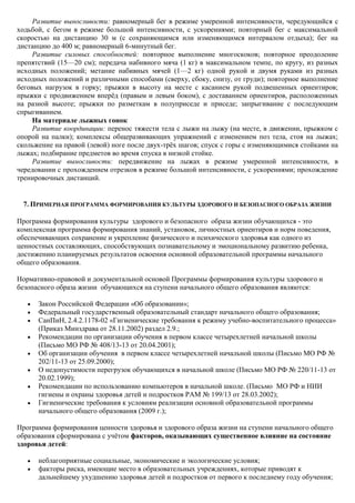 Развитие выносливости: равномерный бег в режиме умеренной интенсивности, чередующийся с
ходьбой, с бегом в режиме большой интенсивности, с ускорениями; повторный бег с максимальной
скоростью на дистанцию 30 м (с сохраняющимся или изменяющимся интервалом отдыха); бег на
дистанцию до 400 м; равномерный 6-минутный бег.
     Развитие силовых способностей: повторное выполнение многоскоков; повторное преодоление
препятствий (15—20 см); передача набивного мяча (1 кг) в максимальном темпе, по кругу, из разных
исходных положений; метание набивных мячей (1—2 кг) одной рукой и двумя руками из разных
исходных положений и различными способами (сверху, сбоку, снизу, от груди); повторное выполнение
беговых нагрузок в горку; прыжки в высоту на месте с касанием рукой подвешенных ориентиров;
прыжки с продвижением вперѐд (правым и левым боком), с доставанием ориентиров, расположенных
на разной высоте; прыжки по разметкам в полуприседе и приседе; запрыгивание с последующим
спрыгиванием.
     На материале лыжных гонок
     Развитие координации: перенос тяжести тела с лыжи на лыжу (на месте, в движении, прыжком с
опорой на палки); комплексы общеразвивающих упражнений с изменением поз тела, стоя на лыжах;
скольжение на правой (левой) ноге после двух-трѐх шагов; спуск с горы с изменяющимися стойками на
лыжах; подбирание предметов во время спуска в низкой стойке.
     Развитие выносливости: передвижение на лыжах в режиме умеренной интенсивности, в
чередовании с прохождением отрезков в режиме большой интенсивности, с ускорениями; прохождение
тренировочных дистанций.


 7. ПРИМЕРНАЯ ПРОГРАММА ФОРМИРОВАНИЯ КУЛЬТУРЫ ЗДОРОВОГО И БЕЗОПАСНОГО ОБРАЗА ЖИЗНИ

Программа формирования культуры здорового и безопасного образа жизни обучающихся - это
комплексная программа формирования знаний, установок, личностных ориентиров и норм поведения,
обеспечивающих сохранение и укрепление физического и психического здоровья как одного из
ценностных составляющих, способствующих познавательному и эмоциональному развитию ребенка,
достижению планируемых результатов освоения основной образовательной программы начального
общего образования.

Нормативно-правовой и документальной основой Программы формирования культуры здорового и
безопасного образа жизни обучающихся на ступени начального общего образования являются:

      Закон Российской Федерации «Об образовании»;
      Федеральный государственный образовательный стандарт начального общего образования;
      СанПиН, 2.4.2.1178-02 «Гигиенические требования к режиму учебно-воспитательного процесса»
      (Приказ Минздрава от 28.11.2002) раздел 2.9.;
      Рекомендации по организации обучения в первом классе четырехлетней начальной школы
      (Письмо МО РФ № 408/13-13 от 20.04.2001);
      Об организации обучения в первом классе четырехлетней начальной школы (Письмо МО РФ №
      202/11-13 от 25.09.2000);
      О недопустимости перегрузок обучающихся в начальной школе (Письмо МО РФ № 220/11-13 от
      20.02.1999);
      Рекомендации по использованию компьютеров в начальной школе. (Письмо МО РФ и НИИ
      гигиены и охраны здоровья детей и подростков РАМ № 199/13 от 28.03.2002);
      Гигиенические требования к условиям реализации основной образовательной программы
      начального общего образования (2009 г.);

Программа формирования ценности здоровья и здорового образа жизни на ступени начального общего
образования сформирована с учѐтом факторов, оказывающих существенное влияние на состояние
здоровья детей:

      неблагоприятные социальные, экономические и экологические условия;
      факторы риска, имеющие место в образовательных учреждениях, которые приводят к
      дальнейшему ухудшению здоровья детей и подростков от первого к последнему году обучения;
 