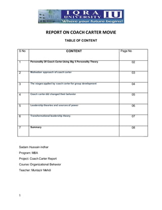 1
REPORT ON COACH CARTER MOVIE
TABLE OF CONTENT
S No CONTENT Page No
1 Personality Of Coach Carter Using Big 5 Personality Theory 02
2 Motivation approach of coach carter 03
3 The stages applied by coach carter for group development 04
4 Coach carter did changed their behavior 05
5 Leadership theories and sources of power 06
6 Transformational leadership theory 07
7 Summary 08
Sadam Hussain indhar
Program: MBA
Project: Coach Carter Report
Course: Organizational Behavior
Teacher: Muntazir Mehdi
 