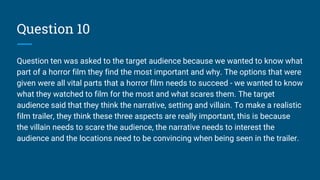 Question 10
Question ten was asked to the target audience because we wanted to know what
part of a horror film they find the most important and why. The options that were
given were all vital parts that a horror film needs to succeed - we wanted to know
what they watched to film for the most and what scares them. The target
audience said that they think the narrative, setting and villain. To make a realistic
film trailer, they think these three aspects are really important, this is because
the villain needs to scare the audience, the narrative needs to interest the
audience and the locations need to be convincing when being seen in the trailer.
 