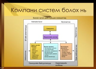 Компани систем болох нь 1- Бизнес орчин дахь хувьцаа эзэмшигчид Нийгмийн бүлэг Өрсөлдөгчид Нийлүүлэгчид ЗГ-ийн агентлагууд Санхүүгийн байгууллагууд Хөдөлмөрийн холбоод Хувь нийлүүлэгчид Хэрэглэгчид Эдийн засгийн нөөцүүд: Хүмүүс Мөнгө Материал Машин Газар Хэрэгслүүд Эрчим хүч Мэдээлэл Бүтээгдхүүн,  үйлчилгээ : Бүтээгдхүүн Үйлчилгээ Төлбөр тооцоо Тусламж, хандив Мэдээлэл Бусад  Бизнес процесс: Бүтээгдхүүн, үйлчил- гээг сурталчлах,  хөгжүүлэх, үйлдвэрлэх ба хүргэж өгөх Хэрэлэгчдийг дэмжиж,  туслах Бусад процессууд Удирдлага Мэдээллийн систем 