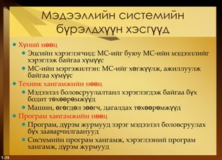 Мэдээллийн системийн бүрэлдхүүн хэсгүүд Хүний нөөц Эцсийн хэрэглэгчид :  МС-ийг буюу МС-ийн мэдээллийг хэрэглэж байгаа хүмүүс МС-ийн мэргэжилтэн :  МС-ийг хөгжүүлж, ажиллуулж байгаа хүмүүс Техник хангамжийн нөөц Мэдээлэл боловсруулалтанл хэрэглэгдэж байгаа бүх бодит төхөөрөмжүүд Машин, өгөгдөл зөөгч, дагалдах төхөөрөмжүүд Програм хангамжийн нөөц Програм, дүрэм журмууд зэрэг мэдээлэл боловсруулах бүх зааварчилгаанууд Системийн програм хангамж, хэрэглээний програм хангамж, дүрэм журмууд 1- 