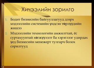 Хичээлийн зорилго Бодит бизнесийн байгууллагууд дээрх   мэдээллийн системийн үндсэн төрлүүдийн жишээ Мэдээллийн технологийн амжилттай, ёс суртахуунтай хөгжүүлэлт ба хэрэглээг удирдах үед бизнесийн менежерт тулгарч болох сорилтууд 1- 