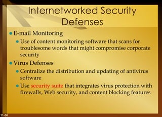 11-56
Internetworked Security
Defenses
 E-mail Monitoring
 Use of content monitoring software that scans for
troublesome words that might compromise corporate
security
 Virus Defenses
 Centralize the distribution and updating of antivirus
software
 Use security suite that integrates virus protection with
firewalls, Web security, and content blocking features
 