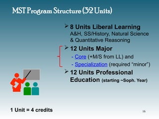 MST Program Structure (32 Units)
 8 Units Liberal Learning
A&H, SS/History, Natural Science
& Quantitative Reasoning
 12 Units Major
- Core (+M/S from LL) and
- Specialization (required “minor”)
 12 Units Professional
Education (starting ~Soph. Year)
1 Unit = 4 credits 16
 