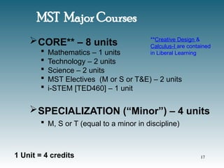 MST Major Courses
CORE** – 8 units
 Mathematics – 1 units
 Technology – 2 units
 Science – 2 units
 MST Electives (M or S or T&E) – 2 units
 i-STEM [TED460] – 1 unit
SPECIALIZATION (“Minor”) – 4 units
 M, S or T (equal to a minor in discipline)
1 Unit = 4 credits
**Creative Design &
Calculus-I are contained
in Liberal Learning
17
 