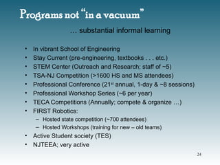 • In vibrant School of Engineering
• Stay Current (pre-engineering, textbooks . . . etc.)
• STEM Center (Outreach and Research; staff of ~5)
• TSA-NJ Competition (>1600 HS and MS attendees)
• Professional Conference (21st
annual, 1-day & ~8 sessions)
• Professional Workshop Series (~6 per year)
• TECA Competitions (Annually; compete & organize …)
• FIRST Robotics:
– Hosted state competition (~700 attendees)
– Hosted Workshops (training for new – old teams)
• Active Student society (TES)
• NJTEEA; very active
Programs not “in a vacuum”
… substantial informal learning
24
 