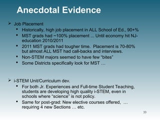 Anecdotal Evidence
 Job Placement
 Historically, high job placement in ALL School of Ed., 90+%
 MST grads had ~100% placement ... Until economy hit NJ-
education 2010/2011
 2011 MST grads had tougher time. Placement is 70-80%
but almost ALL MST had call-backs and interviews.
 Non-STEM majors seemed to have few “bites”
 Some Districts specifically look for MST …
 i-STEM Unit/Curriculum dev.
 For both Jr. Experiences and Full-time Student Teaching,
students are developing high quality i-STEM, even in
schools where “science” is not policy.
 Same for post-grad: New elective courses offered, …
requiring 4 new Sections … etc.
33
 