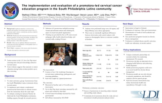 The implementation and evaluation of a promotora-led cervical cancer education program in the South Philadelphia Latino community Matthew O’Brien, MD 1,2,3,4,5 . Rebecca Bixby, RN 4 . Rita Banegas 4 . Steven Larson, MD 2,4 . Judy Shea, PhD 2,3 .  1 Robert Wood Johnson Clinical Scholars Program, University of Pennsylvania.  2 University of Pennsylvania School of Medicine.  3 Senior Fellow,  Leonard Davis Institute of Health Economics.  4 Puentes de Salud Health Center, Philadelphia, PA.  5 Philadelphia VA Medical Center ,[object Object],[object Object],[object Object],[object Object],[object Object],[object Object],[object Object],[object Object],[object Object],[object Object],[object Object],[object Object],[object Object],Background ,[object Object],[object Object],[object Object],Objectives Characteristic Intervention Control P Mean Age (SD) 32 (11) 31 (12) 0.50 Mean U.S. Residence (SD) 4.2yrs (3.2) 5.3yrs (4.2) 0.58 % Smokers 10 10 0.35 Median lifetime sex partners (range) 1 (1-20) 2 (1-6) 0.12 Mean parity (SD) 2.6 (1.5) 2.2 (1.4) 0.12 % Up-to-date Pap screening 47 48 0.85 Mean cervical CA knowledge (SD) 3.0 (1.4) 3.3 (1.3) 0.24 Mean self-efficacy (SD) 2.0 (0.8) 2.0 (0.7) 0.87 ,[object Object],[object Object],[object Object],[object Object],Abstract ,[object Object],[object Object],Methods ,[object Object],[object Object],Results ,[object Object],[object Object],[object Object],[object Object],[object Object],Next Steps ,[object Object],[object Object],[object Object],[object Object],[object Object],Policy Implications 