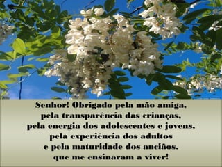 Senhor! Obrigado pela mão amiga,
pela transparência das crianças,
pela energia dos adolescentes e jovens,
pela experiência dos adultos
e pela maturidade dos anciãos,
que me ensinaram a viver!
 