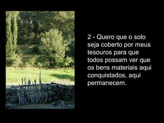 2 - Quero que o solo
seja coberto por meus
tesouros para que
todos possam ver que
os bens materiais aqui
conquistados, aqui
permanecem.
 