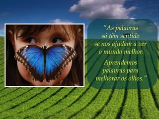 “As palavras
só têm sentido
se nos ajudam a ver
o mundo melhor.
Aprendemos
palavras para
melhorar os olhos.”
 