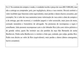 136
Ex.2: No contrato de compra e venda, o vendedor recebe o preço da vaca (R$ 5.000,00), mas
não a entrega ao comprador, pois, por negligência, deixa a vaca morrer. Deverá restituir o
valor recebido (que funciona como equivalente), mais perdas e danos (lucros cessantes, por
exemplo). Se o valor da vaca aumentou (uma valorização da vaca entre a data da compra e
a da entrega, que não ocorreu), o vendedor pagará o valor acrescido, mais juros de mora,
correção monetária e honorários de advogado. Na promessa de recompensa a regra é
semelhante. João promete recompensar com o cão labrador Rex (cão com vários prêmios e
de grande valor), quem lhe restituir seu cão perdido da raça São Bernardo de nome
Beethoven. Pedro acha Beethoven e o restitui a João que, contudo, por culpa, perdeu Rex.
Pedro tem direito ao valor de Rex (equivalente), mais perdas e danos (danos emergentes,
lucros cessantes).
 