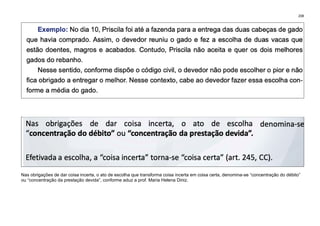 208
Nas obrigações de dar coisa incerta, o ato de escolha que transforma coisa incerta em coisa certa, denomina-se “concentração do débito”
ou “concentração da prestação devida”, conforme aduz a prof. Maria Helena Diniz.
 