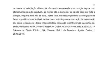 246
mudança na orientação clínica, já não sendo recomendada a cirurgia (agora com
atendimento na rede estadual), ao menos até o momento. Se já não pode ser feita a
cirurgia, inegável que não se trata, nesta fase, de descumprimento da obrigação de
fazer, a qual tornou-se inviável; tanto é que o autor ingressou com ação de indenização
por conta exatamente desta impossibilidade (situação incontroversa), aplicando-se,
então, o disposto no art. 248 do Código Civil (TJSP, AI 2112031-65.2019.8.26.0000, 1.ª
Câmara de Direito Público, São Vicente, Rel. Luís Francisco Aguilar Cortez, j.
29.10.2019).
 