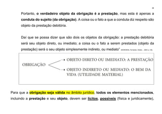 38
Portanto, o verdadeiro objeto da obrigação é a prestação, mas esta é apenas a
conduta do sujeito (da obrigação). A coisa ou o fato a que a conduta diz respeito são
objeto da prestação debitória.
Daí que se possa dizer que são dois os objetos da obrigação: a prestação debitória
será seu objeto direto, ou imediato; a coisa ou o fato a serem prestados (objeto da
prestação) será o seu objeto simplesmente indireto, ou mediato” (NORONHA, Fernando. Direito..., 2003, p. 36).
Para que a obrigação seja válida no âmbito jurídico, todos os elementos mencionados,
incluindo a prestação e seu objeto, devem ser lícitos, possíveis (física e juridicamente),
 