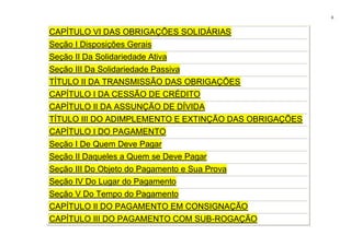6
CAPÍTULO VI DAS OBRIGAÇÕES SOLIDÁRIAS
Seção I Disposições Gerais
Seção II Da Solidariedade Ativa
Seção III Da Solidariedade Passiva
TÍTULO II DA TRANSMISSÃO DAS OBRIGAÇÕES
CAPÍTULO I DA CESSÃO DE CRÉDITO
CAPÍTULO II DA ASSUNÇÃO DE DÍVIDA
TÍTULO III DO ADIMPLEMENTO E EXTINÇÃO DAS OBRIGAÇÕES
CAPÍTULO I DO PAGAMENTO
Seção I De Quem Deve Pagar
Seção II Daqueles a Quem se Deve Pagar
Seção III Do Objeto do Pagamento e Sua Prova
Seção IV Do Lugar do Pagamento
Seção V Do Tempo do Pagamento
CAPÍTULO II DO PAGAMENTO EM CONSIGNAÇÃO
CAPÍTULO III DO PAGAMENTO COM SUB-ROGAÇÃO
 