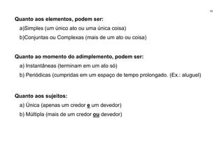 93
Quanto aos elementos, podem ser:
a)Simples (um único ato ou uma única coisa)
b)Conjuntas ou Complexas (mais de um ato ou coisa)
Quanto ao momento do adimplemento, podem ser:
a) Instantâneas (terminam em um ato só)
b) Periódicas (cumpridas em um espaço de tempo prolongado. (Ex.: aluguel)
Quanto aos sujeitos:
a) Única (apenas um credor e um devedor)
b) Múltipla (mais de um credor ou devedor)
 