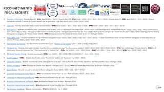▪ Chambers & Partners – Ricardo Band 1 / RPBA Band 3 (2022 / 2021) | Ricardo Band 2 / RPBA Band 3 (2020 / 2019 / 2018 / 2017 / 2016) | Ricardo Band 1 / RPBA Band 3 (2015 / 2014 / 2013) | Ricardo
distinguido na Band 1 na área de Private Wealth Law do guia HNW - High Net Worth (2021 / 2020 / 2019 / 2018)
▪ Legal 500 – Ricardo, Ana Isabel, Rita e Carlos recomendados / RPBA Band 2 (2022 / 2021 / 2020 / 2019 / 2018) | RPBA Band 3 (2017 / 2016 / 2015 / 2014 / 2013)
▪ Best Lawyers – Ricardo reconhecido como “Advogado Fiscal do Ano” (2017) e distinguido na categoria de "Direito Fiscal" e na subcategoria de "Planeamento Fiscal" (2022 / 2021 / 2020 / 2019 / 2018 / 2016 /
2015 / 2014 / 2013 / 2012 / 2011) | Ana Isabel Correia reconhecida como "Advogada de Direito Fiscal do Ano” (2020) e distinguida na categoria de "Direito Fiscal“ (2022 / 2021 / 2020 / 2019) | Ana Rita Pereira
distinguida na categoria de "Direito Fiscal“ (2022) | RPBA distinguida como "Sociedade de Direito Fiscal do Ano em Portugal” (2020)
▪ Who´s Who Legal – Ricardo incluído na lista de melhores advogados fiscais (2021 / 2020 / 2019 / 2018 / 2017 / 2016 / 2013) | Ricardo reconhecido como um dos melhores advogados na área de prática de
Clientes Privados (2021 / 2020 / 2019 / 2018 / 2017)
▪ International Tax Review – Ana Rita Pereira reconhecida no guia “Women in Tax Leaders” (2021 / 2020 / 2019 / 2018 / 2017)
▪ ITR World Tax – Ricardo, Ana Isabel Correia e Ana Rita Pereira incluídos no Guia “Tax Controversy Leaders” (2022 / 2021 / 2020 / 2019 / 2018 / 2017) | RPBA Tier 1 (2022) para “Private Client” e RPBA Tier 2
(2022) para “General Corporate Tax”, “Tax Controversy” e “Indirect Tax” | RPBA Tier 2 (2021 / 2020 / 2019 / 2018) | RPBA Tier 3 (2017 / 2016 / 2015 / 2014) | RPBA Tier 4 (2013 / 2012 / 2011)
▪ ITR World Transfer Pricing – Ricardo mencionado / RPBA Tier 3 (2022 / 2021 / 2020 / 2019 / 2018 / 2017 / 2016 / 2015 / 2014)
▪ Leaders League – RPBA e Ricardo classificados como “Excelentes” na área de “Corporate Tax” (2022 / 2021)
▪ Corporate LiveWire – Ricardo reconhecido como “Advogado Fiscal do Ano” (2017) / Ricardo mencionado: Excelência em Planeamento Fiscal – Portugal (2016)
▪ Global Law Experts – RPBA Boutique de Direito Fiscal do ano – Portugal (2017 / 2015) / RPBA Sociedade de Direito Fiscal do ano em Portugal (2016)
▪ Expert Guides – Ricardo incluído na lista de melhores advogados fiscais (2020 / 2019 / 2018 / 2017 / 2016)
▪ Corporate Intl Magazine Global Award – RPBA Sociedade de Direito Fiscal do ano – Portugal (2018 / 2017 / 2016 / 2014)
▪ Corporate Intl Magazine Legal Award – RPBA Boutique de Direito Fiscal do ano – Portugal (2015)
▪ Acquisition International Tax Award – RPBA Boutique de Direito Fiscal do ano – Portugal (2015)
▪ Acquisition International Legal Award – RPBA Boutique de Direito Fiscal do ano – Portugal (2014)
▪ Tax Directors Handbook – Ricardo mencionado / RPBA Tier 3 (2015) e Tier 4 (2014)
100
RECONHECIMENTO
FISCAL RECENTE
 