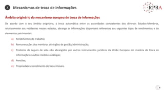 8
Âmbito originário do mecanismo europeu de troca de informações
De acordo com o seu âmbito originário, a troca automática entre as autoridades competentes dos diversos Estados-Membros,
relativamente aos residentes nesses estados, abrange as informações disponíveis referentes aos seguintes tipos de rendimentos e de
elementos patrimoniais:
a) Rendimentos do trabalho;
b) Remunerações dos membros de órgãos de gestão/administração;
c) Produtos de seguro de vida não abrangidos por outros instrumentos jurídicos da União Europeia em matéria de troca de
informações e outras medidas análogas;
d) Pensões;
e) Propriedade e rendimento de bens imóveis.
Mecanismos de troca de informações
2
 