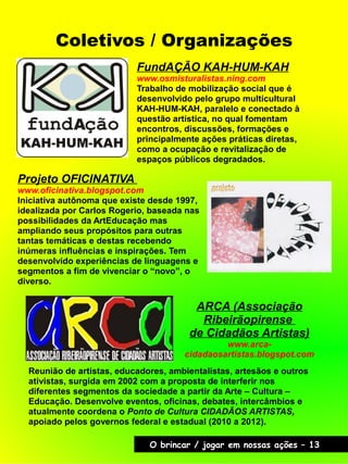 Coletivos / Organizações
FundAÇÃO KAH-HUM-KAH
www.osmisturalistas.ning.com
Trabalho de mobilização social que é
desenvolvido pelo grupo multicultural
KAH-HUM-KAH, paralelo e conectado à
questão artística, no qual fomentam
encontros, discussões, formações e
principalmente ações práticas diretas,
como a ocupação e revitalização de
espaços públicos degradados.
Projeto OFICINATIVA
www.oficinativa.blogspot.com
Iniciativa autônoma que existe desde 1997,
idealizada por Carlos Rogerio, baseada nas
possibilidades da ArtEducação mas
ampliando seus propósitos para outras
tantas temáticas e destas recebendo
inúmeras influências e inspirações. Tem
desenvolvido experiências de linguagens e
segmentos a fim de vivenciar o “novo”, o
diverso.
ARCA (Associação
Ribeirãopirense
de Cidadãos Artistas)
www.arca-
cidadaosartistas.blogspot.com
Reunião de artistas, educadores, ambientalistas, artesãos e outros
ativistas, surgida em 2002 com a proposta de interferir nos
diferentes segmentos da sociedade a partir da Arte – Cultura –
Educação. Desenvolve eventos, oficinas, debates, intercâmbios e
atualmente coordena o Ponto de Cultura CIDADÃOS ARTISTAS,
apoiado pelos governos federal e estadual (2010 a 2012).
O brincar / jogar em nossas ações – 13
 