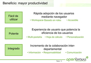 Beneficio: mayor productividad


                     Rápida adopción de los usuarios
   Fácil de               mediante navegador
    utilizar      • Workspace Basado en roles
                             •                           • Accesible



                    Experiencia de usuario que potencia la
    Potente                eficiencia de los usuarios
               • Multi-pestaña   • Hoja de cálculo      • Personalización


                  Incremento de la colaboración inter-
   Integrado                departamental
                • Información • Responsabilidad         • Comunicación


                                            Página 14
 