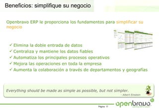 Beneficios: simplifique su negocio

Openbravo ERP le proporciona los fundamentos para simplificar su
negocio



  Elimina la doble entrada de datos
  Centraliza y mantiene los datos fiables
  Automatiza los principales procesos operativos
  Mejora las operaciones en toda la empresa
  Aumenta la colaboración a través de departamentos y geografías




Everything should be made as simple as possible, but not simpler.
                                                            - Albert Einstein



                                                Página 17
 