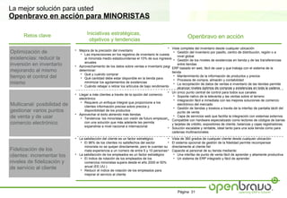 La mejor solución para usted
Encabezamiento: 18 Arial plain
Openbravo en acción para MINORISTAS

      Retos clave                    Iniciativas estratégicas,
                                      objetivos y tendencias
                                                                                                         Openbravo en acción
                                                                                           • Vista completa del inventario desde cualquier ubicación
                             • Mejora de la precisión del inventario
Optimización de                 • Las imprecisiones en los registros de inventario le cuesta
                                                                                               • Gestión del inventario por pasillo, centro de distribución, región o a
                                                                                                 nivel global
existencias: reducir la            al minorista medio estadounidense el 10% de sus ingresos •
                                                                                                 Gestión de los niveles de existencias en tienda y de las transferencias
                                   anuales
inversión en inventario      • Aprovechamiento de los datos sobre ventas e inventario para
                                                                                                 entre tiendas
                                                                                           • ERP basado en web, fácil de usar y que trabaja con el sistema de la
mejorando al mismo             determinar:
                                                                                             tienda
                                • Qué y cuándo comprar
tiempo el control del           • Qué cantidad debe estar disponible en la tienda para
                                                                                               • Mantenimiento de la información de productos y precios
                                                                                               • Procesos de compra, almacén y contabilidad
mismo                              minimizar los agotamientos de existencias                   • La recopilación de datos de ventas e inventario de las tiendas permite
                                • Cuándo rebajar o retirar los artículos de bajo rendimiento
                                                                                                 alcanzar niveles óptimos de compras y existencias en toda la cadena
                                                                                           • Un único punto central de control para todos sus canales
                             • Llegar a más clientes a través de la opción del comercio
                                                                                              • Soporte nativo de la televenta y las ventas sobre el terreno
                               electrónico                                                    • Integración fácil e inmediata con las mejores soluciones de comercio
                                • Requiere un enfoque integral que proporcione a los
Multicanal: posibilidad de        clientes información precisa sobre precios y
                                                                                                 electrónico del mercado
                                                                                              • Gestión de tiendas y kioskos a través de la interfaz de pantalla táctil del
gestionar varios puntos           disponibilidad de los productos
                                                                                                 punto de venta
                             • Aprovechar el éxito abriendo más tiendas
de venta y de usar              • Tendencia: los minoristas con visión de futuro empiezan
                                                                                              • Capa de servicios web que facilita la integración con sistemas externos
                                                                                           • Compatible con hardware especializado como lectores de códigos de barras
comercio electrónico              con una solución que más adelante les permita
                                                                                             y tarjetas de crédito, expositores de cliente, balanzas y cajas registradoras.
                                  expandirse a nivel nacional e internacional              • Solución escalable y rentable, ideal tanto para una sola tienda como para
                                                                                             cadenas multinacionales
                             • La satisfacción del cliente es un factor estratégico       •   Vista de 360 grados de cualquier cliente desde cualquier ubicación
                                • El 96% de los clientes no satisfechos del sector        •   El sistema opcional de gestión de la fidelidad permite recompensar
                                  minorista no se quejan directamente, pero le cuentan su     directamente al cliente fiel
Fidelización de los               mala experiencia a un número de entre 5 y 10 personas •     Capacite al personal de su tienda mediante:
clientes: incrementar los    • La satisfacción de los empleados es un factor estratégico
                                • El índice de rotación de los empleados de los
                                                                                               • Una interfaz de punto de venta fácil de aprender y altamente productiva
                                                                                               • Un sistema de ERP integrado y fácil de aprender
niveles de fidelización y         comercios minoristas supera desde el año 2000 el 50%
                                  anual (EE.UU.)
de servicio al cliente          • Reducir el índice de rotación de los empleados para
                                  mejorar el servicio al cliente




                                                                                                  Página 31
 