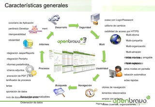 Características generales

                                               cceso con Login/Password
  iccionario de Aplicación
                                               uditoría de cambios
  penbravo Development Environment
                                               osibilidad de acceso por HTTPS
  nteroperabilidad                                                 Multi-idioma

  odularidad                                                         Multi-compañía

                                                                     Multi-organización

ntegración JasperReports                                             Multi-almacén

                                                                 nterfaz intuitiva y amigable
                                                                   Multi-moneda
ntegración Pentaho
                                                                 últiples solapas
                                                                   Multi-legislación
nformes predefinidos
                                                                 arios niveles en pantalla
icheros adjuntos
                                                                 rabación automática
eneración de PDF y XLS
lanificador de procesos                                          eclas rápidas

lertas
                                             otones de navegación
xportación de datos
                                             lementos relacionados
            Búsquedas personalizables
nvío de documentos por email
                                             ampos con enlaces
               Ordenación de datos      Páginarboles (cuentas, organizaciones,…)
                                               8
 
