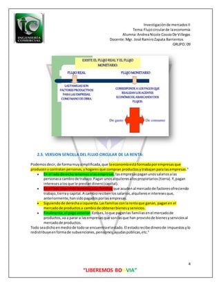 Investigaciónde mercadosII
Tema:Flujocircularde laeconomía
Alumna:AndreaNicole CossioDe Villegas
Docente:Mgr. José RamiroZapata Barrientos
GRUPO: 09
4
“LIBEREMOS BOLIVIA”
2.3. VERSION SENCILLA DEL FLUJO CIRCULAR DE LA RENTA:
Podemosdecir,de formamuysimplificada,que laeconomíaestáformadaporempresasque
producenycontratan personas,yhogares que compran productosytrabajan para lasempresas.4
 En el ladoderechotenemosalasempresas,lasempresaspaganunossalariosalas
personasa cambiode trabajo.Pagan unosalquileresalospropietarios(tierra).Y,pagan
interesesalosque le prestan dinero(capital).
 En el ladoizquierdotenemosalasfamilias que acudenal mercadode factoresofreciendo
trabajo,tierray capital.A cambiorecibenlos salarios,alquilerese interesesque,
anteriormente,hansidopagadosporlasempresas.
 Siguiendode derechaaizquierda.Lasfamiliasconlarentaque ganan, paganen el
mercadode productosa cambiode obtenerbienesyservicios.
 Finalmente,el pagoanterior.Estoes,loque paganlas familiasenel mercadode
productos,va a parar a lasempresasque sonlasque han provistode bienesyserviciosal
mercadode productos.
Todo seadichoenmediode todose encuentrael estado.El estadorecibe dinerode impuestos ylo
redistribuyeenformade subvenciones,pensiones,ayudaspúblicas,etc.5
 