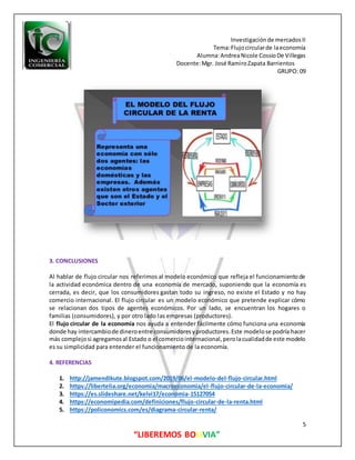 Investigaciónde mercadosII
Tema:Flujocircularde laeconomía
Alumna:AndreaNicole CossioDe Villegas
Docente:Mgr. José RamiroZapata Barrientos
GRUPO: 09
5
“LIBEREMOS BOLIVIA”
3. CONCLUSIONES
Al hablar de flujo circular nos referimos al modelo económico que refleja el funcionamientode
la actividad económica dentro de una economía de mercado, suponiendo que la economía es
cerrada, es decir, que los consumidores gastan todo su ingreso, no existe el Estado y no hay
comercio internacional. El flujo circular es un modelo económico que pretende explicar cómo
se relacionan dos tipos de agentes económicos. Por un lado, se encuentran los hogares o
familias (consumidores), y por otro lado las empresas (productores).
El flujo circular de la economía nos ayuda a entender fácilmente cómo funciona una economía
donde hay intercambiode dineroentre consumidoresyproductores.Este modelose podría hacer
más complejosi agregamosal Estado o el comerciointernacional,perolacualidadde este modelo
es su simplicidad para entender el funcionamiento de la economía.
4. REFERENCIAS
1. http://jamendikute.blogspot.com/2019/06/el-modelo-del-flujo-circular.html
2. https://libertelia.org/economia/macroeconomia/el-flujo-circular-de-la-economia/
3. https://es.slideshare.net/kelvi17/economia-15127054
4. https://economipedia.com/definiciones/flujo-circular-de-la-renta.html
5. https://policonomics.com/es/diagrama-circular-renta/
 