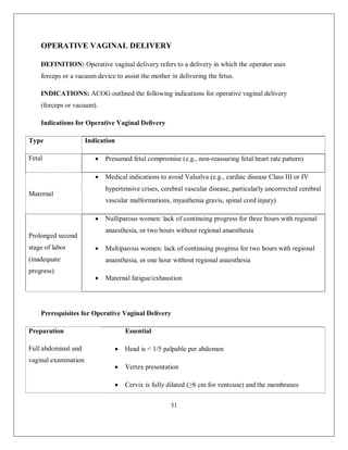 51 
OPERATIVE VAGINAL DELIVERY 
DEFINITION: Operative vaginal delivery refers to a delivery in which the operator uses forceps or a vacuum device to assist the mother in delivering the fetus. 
INDICATIONS: ACOG outlined the following indications for operative vaginal delivery (forceps or vacuum). 
Indications for Operative Vaginal Delivery 
Type 
Indication 
Fetal 
 Presumed fetal compromise (e.g., non-reassuring fetal heart rate pattern) 
Maternal 
 Medical indications to avoid Valsalva (e.g., cardiac disease Class III or IV hypertensive crises, cerebral vascular disease, particularly uncorrected cerebral vascular malformations, myasthenia gravis, spinal cord injury) 
Prolonged second stage of labor (inadequate progress) 
 Nulliparous women: lack of continuing progress for three hours with regional anaesthesia, or two hours without regional anaesthesia 
 Multiparous women: lack of continuing progress for two hours with regional anaesthesia, or one hour without regional anaesthesia 
 Maternal fatigue/exhaustion 
Prerequisites for Operative Vaginal Delivery 
Preparation 
Essential 
Full abdominal and vaginal examination 
 Head is < 1/5 palpable per abdomen 
 Vertex presentation 
 Cervix is fully dilated (≥8 cm for ventouse) and the membranes  