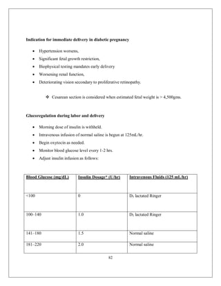 82 
Indication for immediate delivery in diabetic pregnancy 
 Hypertension worsens, 
 Significant fetal growth restriction, 
 Biophysical testing mandates early delivery 
 Worsening renal function, 
 Deteriorating vision secondary to proliferative retinopathy. 
 Cesarean section is considered when estimated fetal weight is > 4,500gms. 
Glucoregulation during labor and delivery 
 Morning dose of insulin is withheld. 
 Intravenous infusion of normal saline is begun at 125mL/hr. 
 Begin oxytocin as needed. 
 Monitor blood glucose level every 1-2 hrs. 
 Adjust insulin infusion as follows: 
Blood Glucose (mg/dL) 
Insulin Dosage* (U/hr) 
Intravenous Fluids (125 mL/hr) 
<100 
0 
D5 lactated Ringer 
100–140 
1.0 
D5 lactated Ringer 
141–180 
1.5 
Normal saline 
181–220 
2.0 
Normal saline  